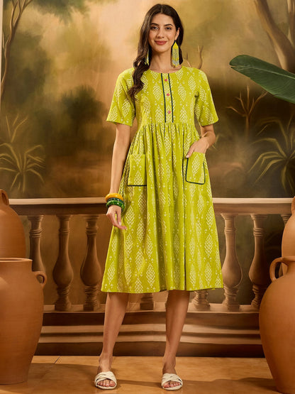 Green Printed Cotton A-Line Dress (Pre-Order)