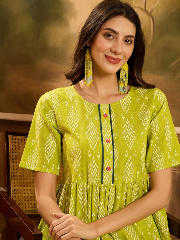Green Printed Cotton A-Line Dress