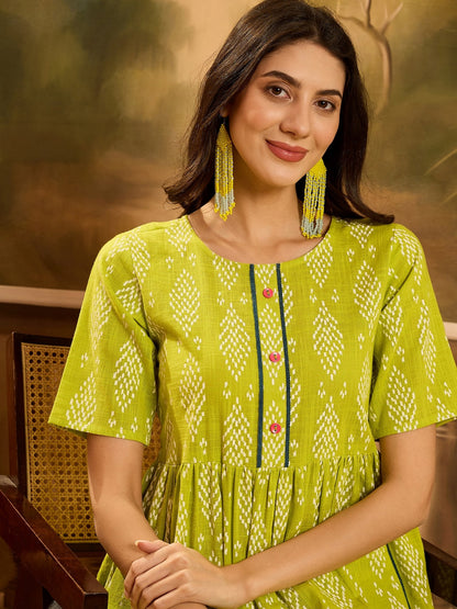 Green Printed Cotton A-Line Dress (Pre-Order)