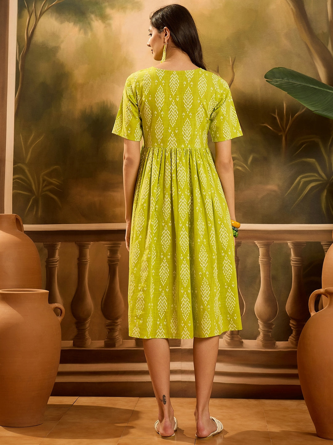 Green Printed Cotton A-Line Dress (Pre-Order)