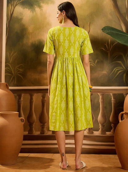Green Printed Cotton A-Line Dress (Pre-Order)