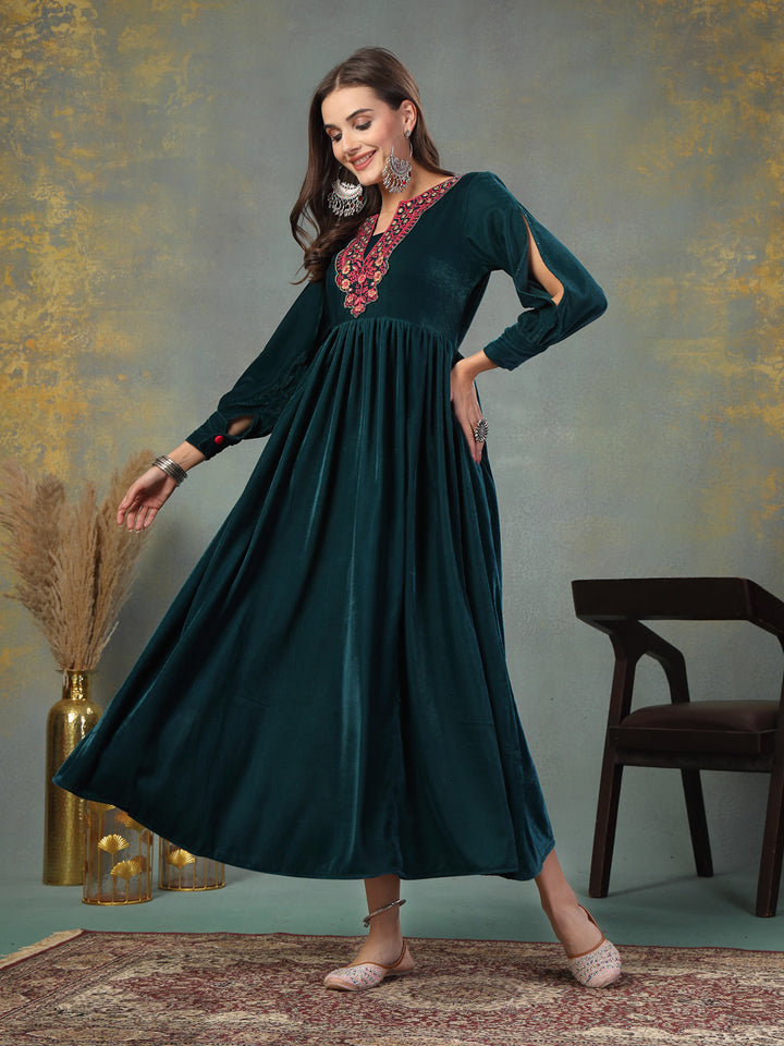 Green Solid &amp; Embroidered Velvet Long Flared Dress