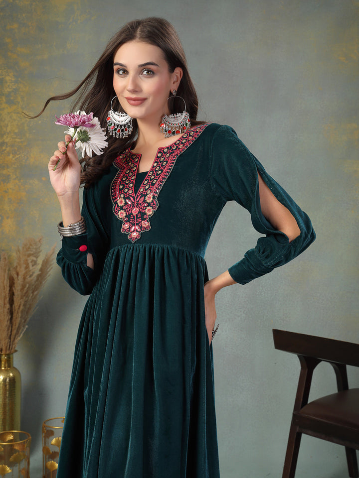 Green Solid &amp; Embroidered Velvet Long Flared Dress