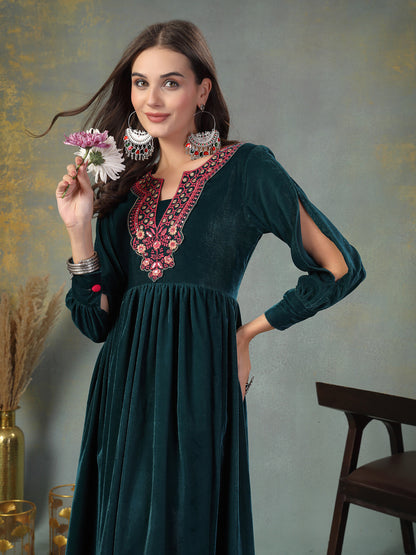 Green Solid & Embroidered Velvet Long Flared Dress (Pre-Order)