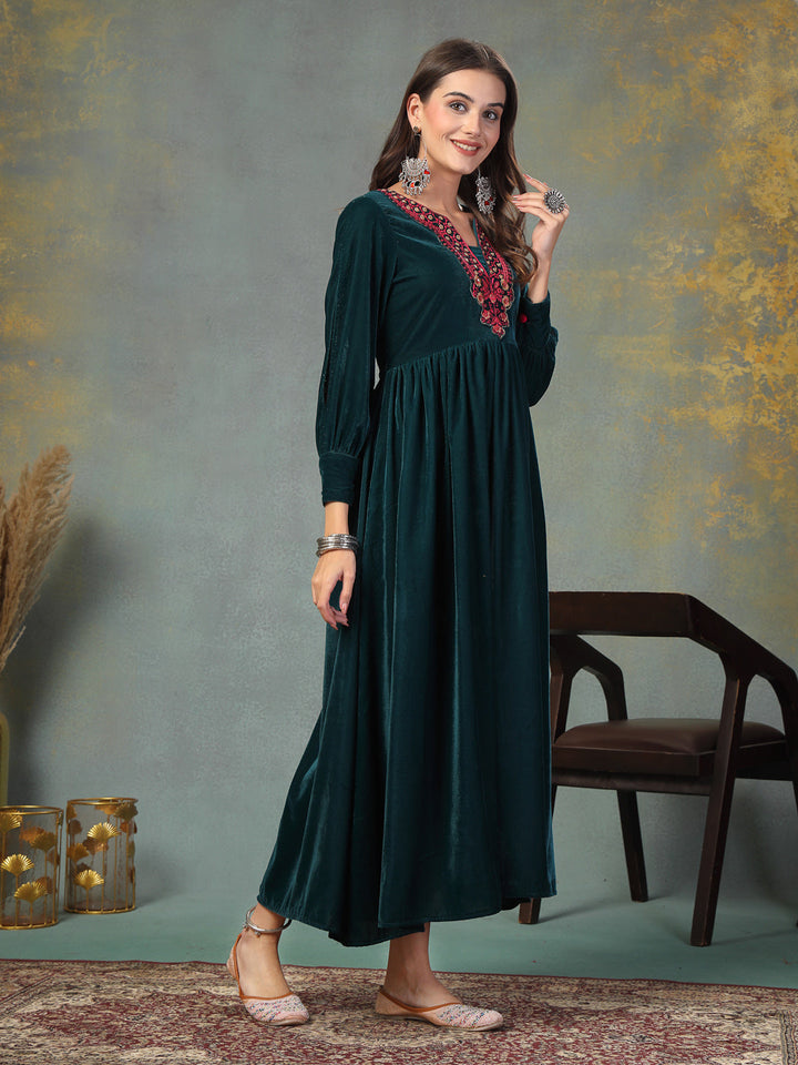 Green Solid &amp; Embroidered Velvet Long Flared Dress