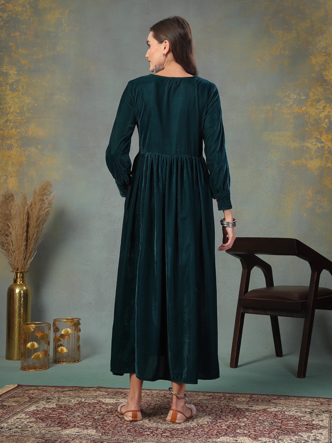Green Solid &amp; Embroidered Velvet Long Flared Dress