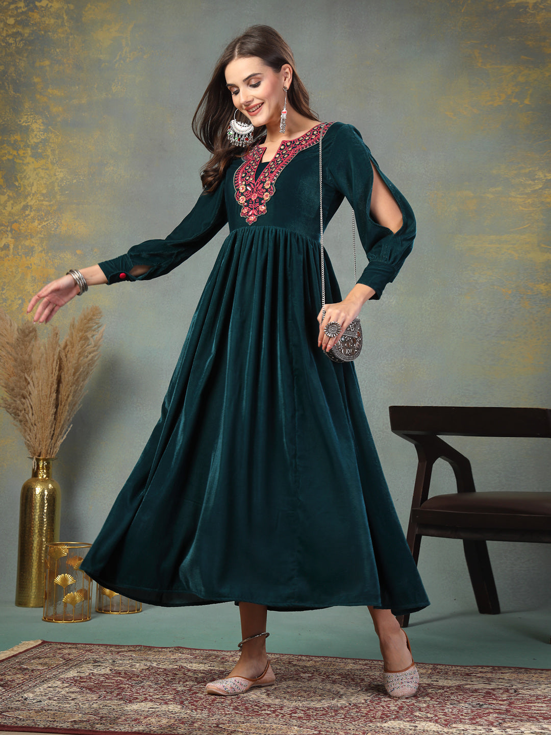 Green Solid &amp; Embroidered Velvet Long Flared Dress