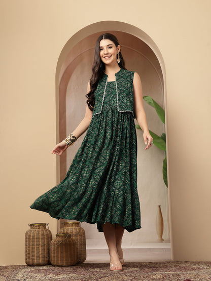 Women's Green Bandhej Printed Rayon Tiered Dress With Ethnic Jacket