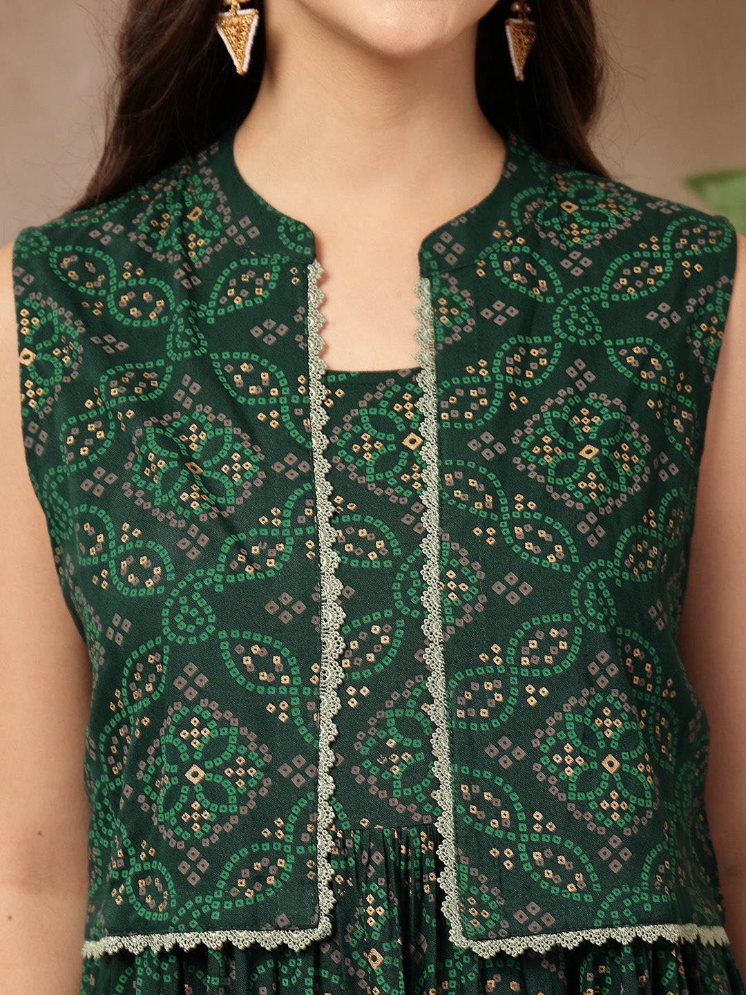 Women's Green Bandhej Printed Rayon Tiered Dress With Ethnic Jacket