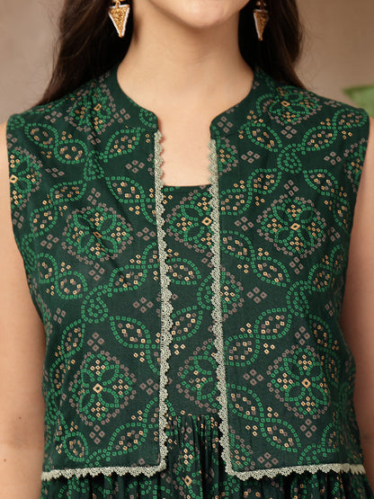 Women's Green Bandhej Printed Rayon Tiered Dress With Ethnic Jacket