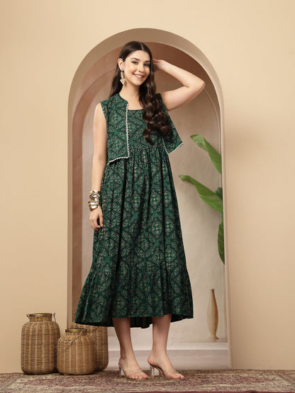 Women's Green Bandhej Printed Rayon Tiered Dress With Ethnic Jacket