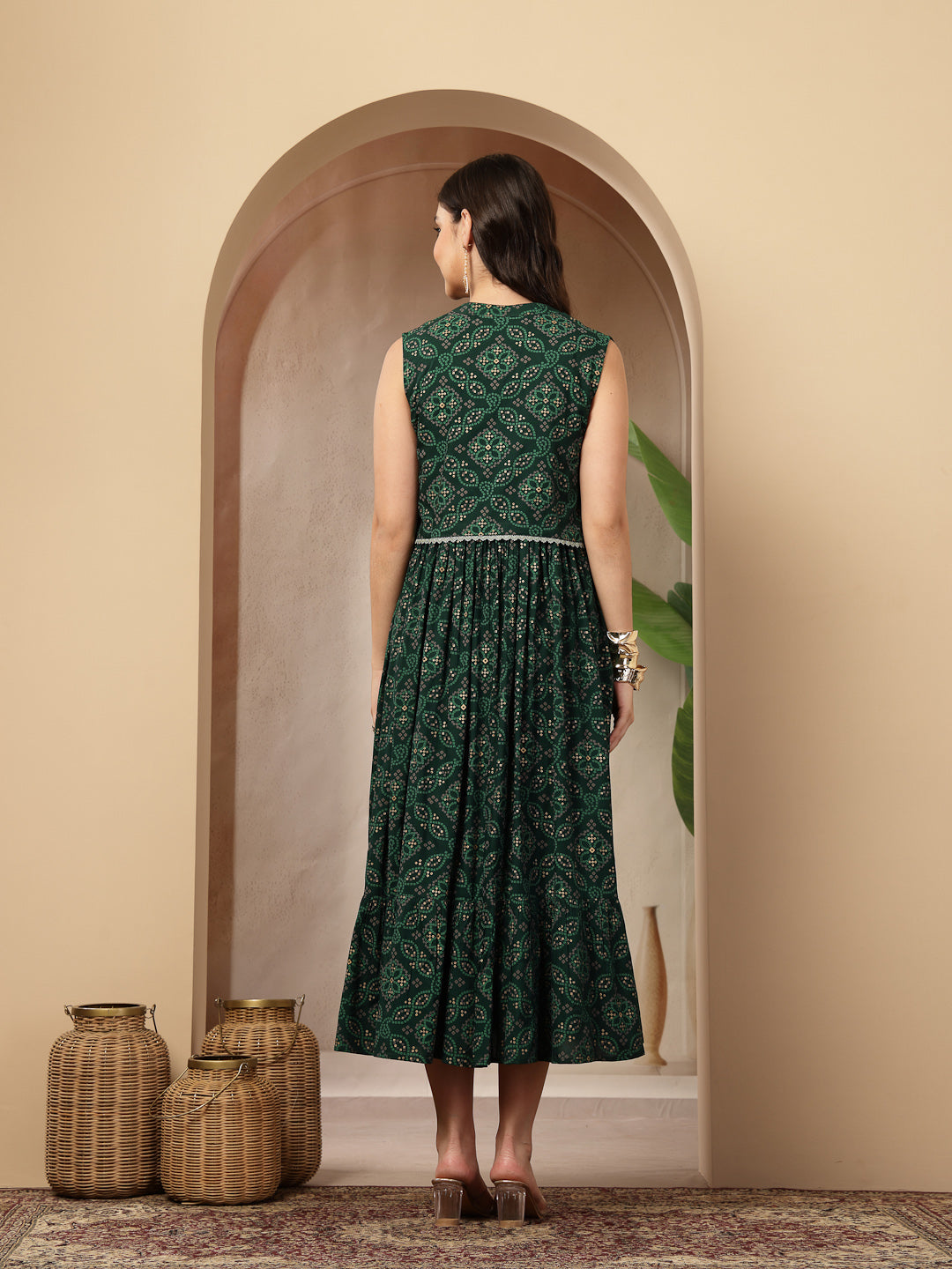Women's Green Bandhej Printed Rayon Tiered Dress With Ethnic Jacket