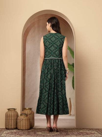 Women's Green Bandhej Printed Rayon Tiered Dress With Ethnic Jacket