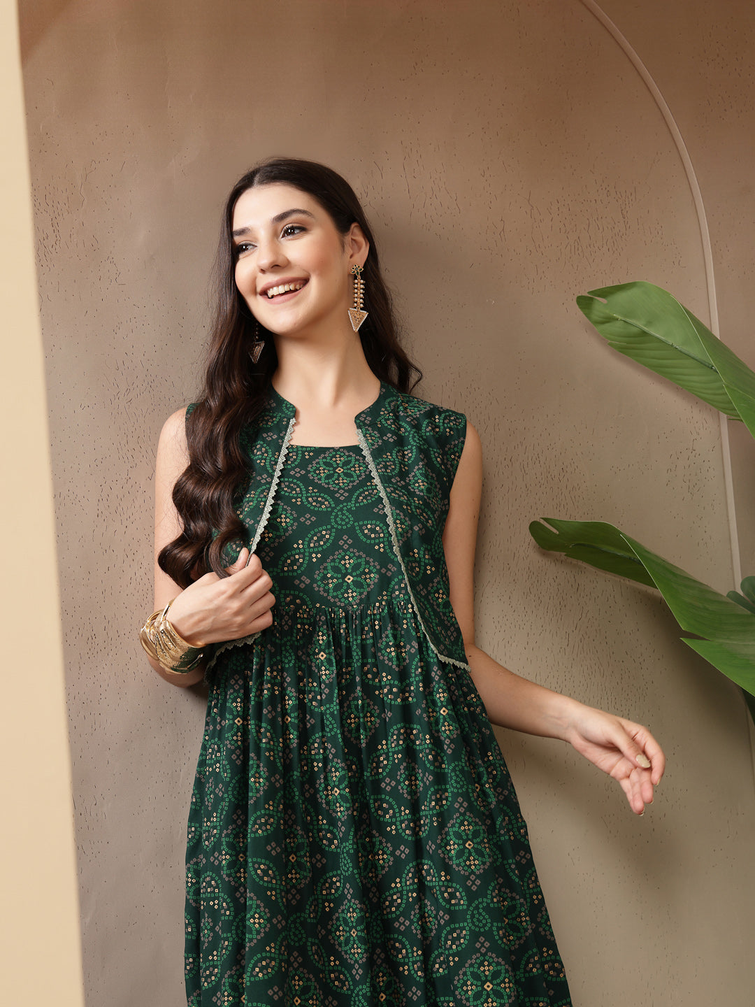 Women's Green Bandhej Printed Rayon Tiered Dress With Ethnic Jacket