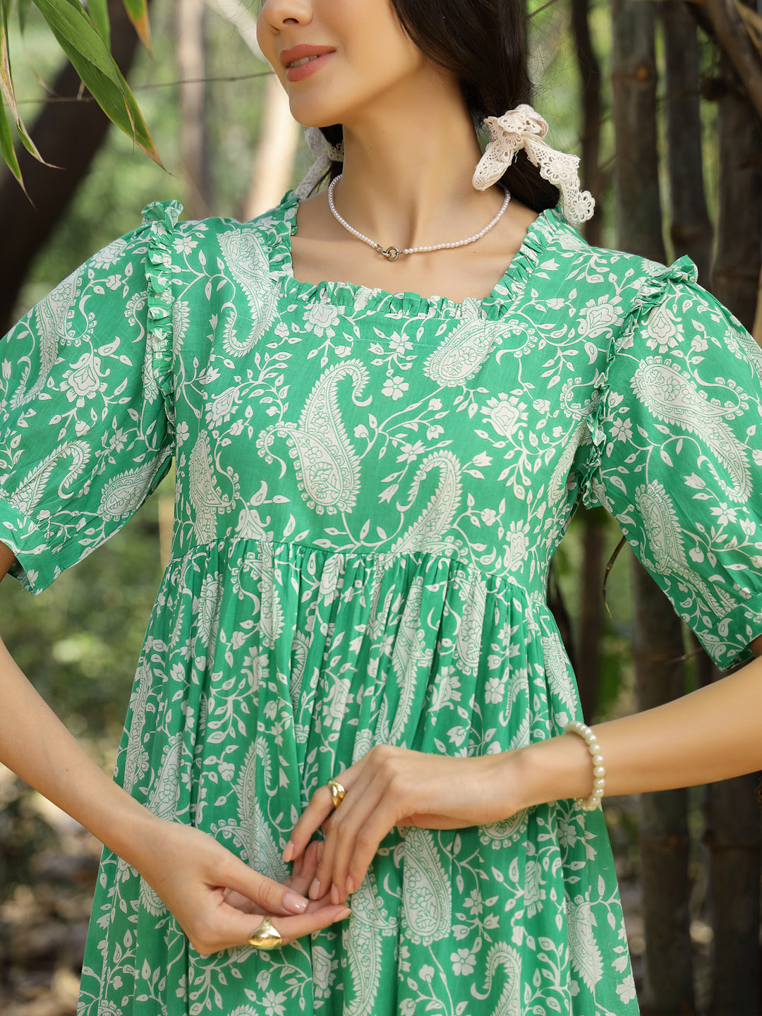 Green Paisley Printed Cotton Tiered Dress