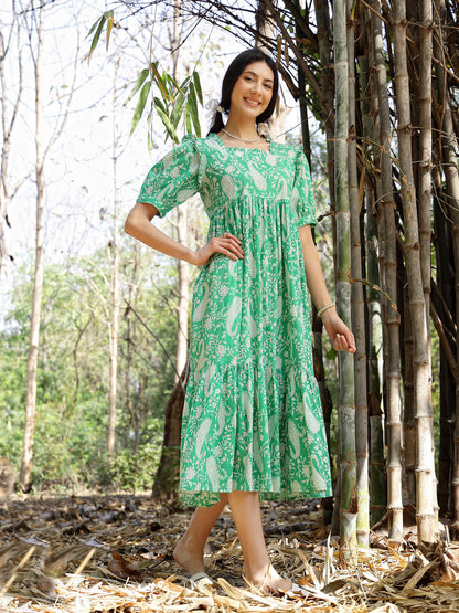 Green Paisley Printed Cotton Tiered Dress