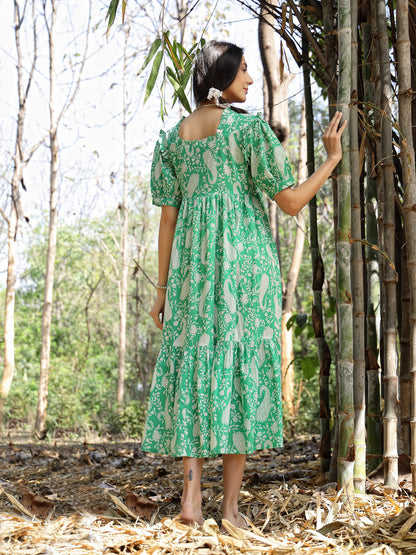 Green Paisley Printed Cotton Tiered Dress