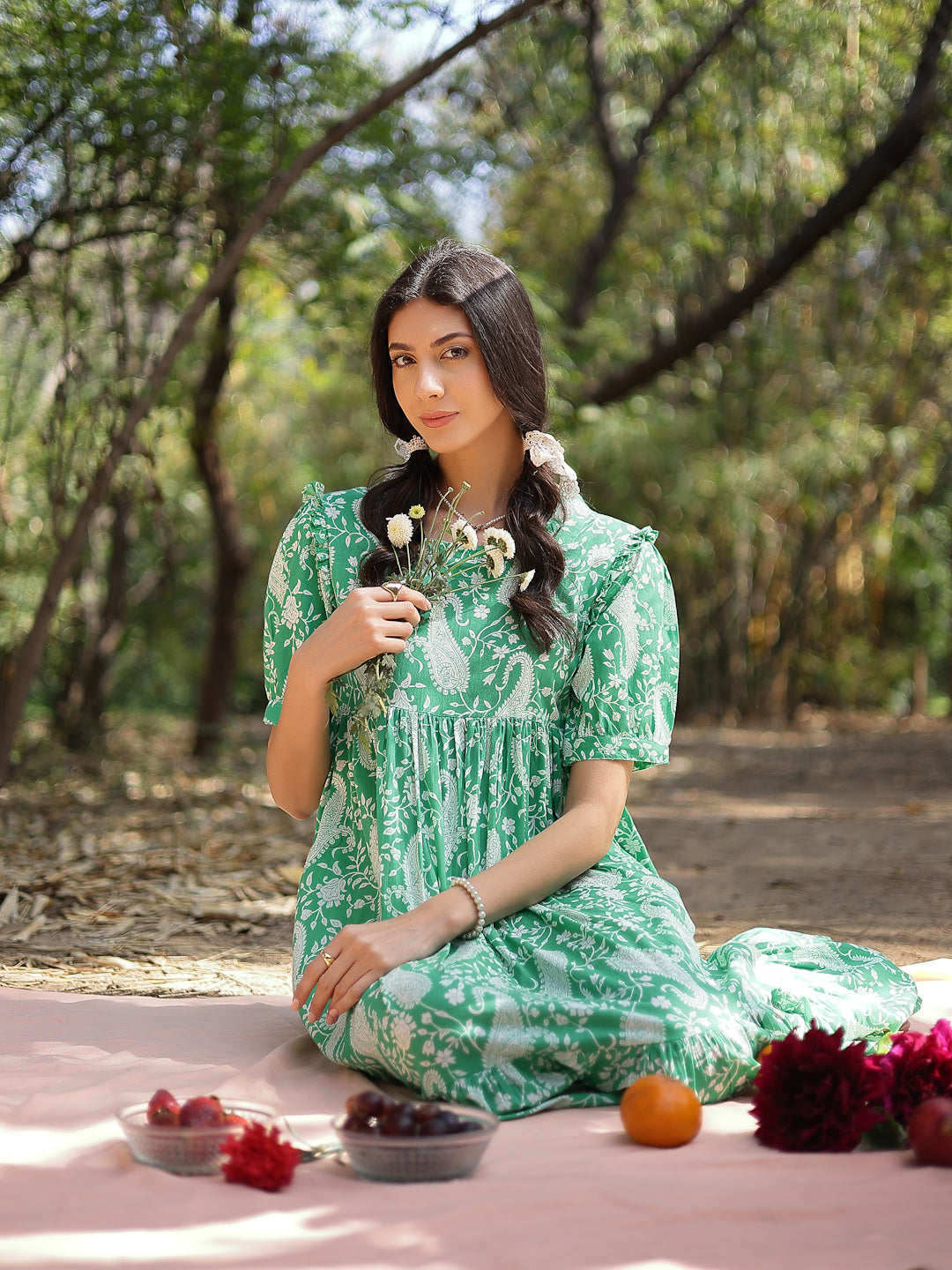 Green Paisley Printed Cotton Tiered Dress