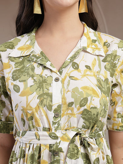 Green Floral Printed Cotton Flared Dress