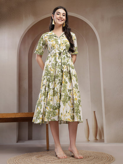 Green Floral Printed Cotton Flared Dress
