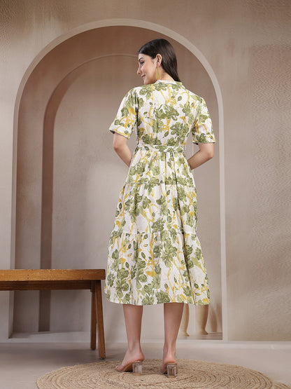 Green Floral Printed Cotton Flared Dress