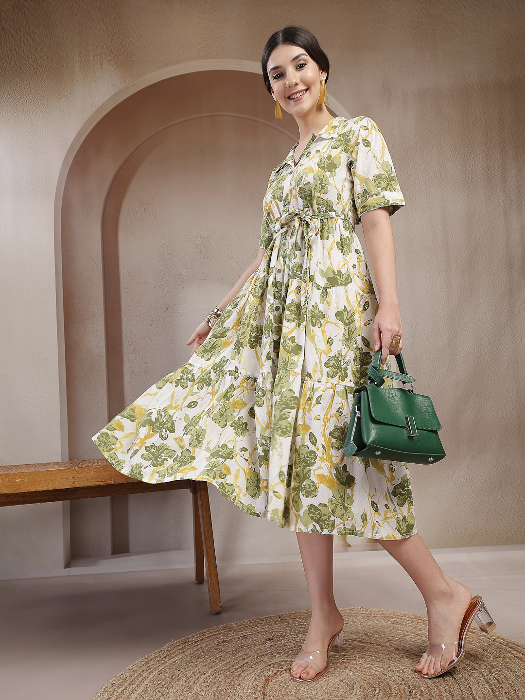 Green Floral Printed Cotton Flared Dress