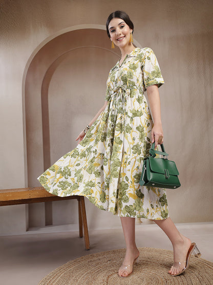 Green Floral Printed Cotton Flared Dress