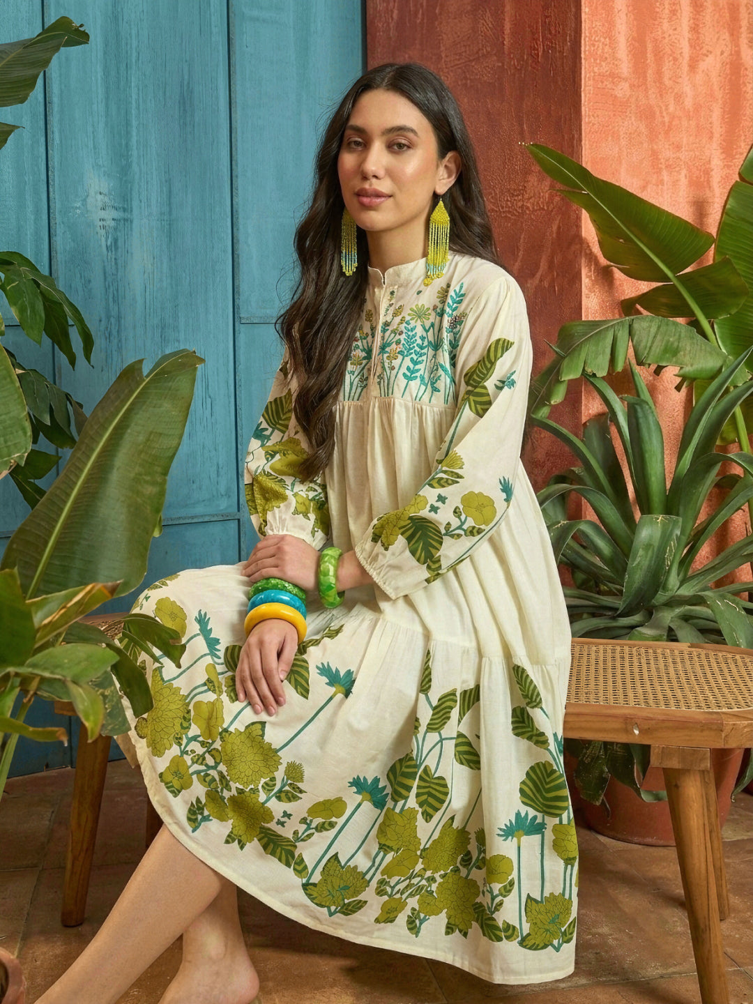Solid Embroidered Rayon Tiered Dress