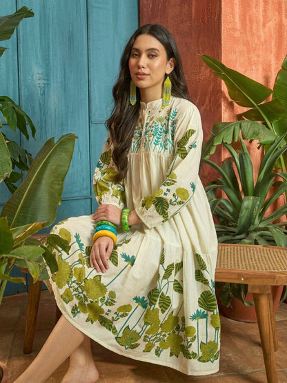 Solid Embroidered Rayon Tiered Dress