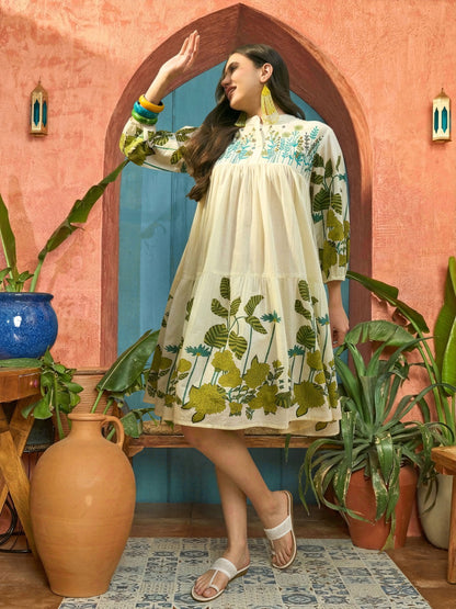 Solid Embroidered Rayon Tiered Dress