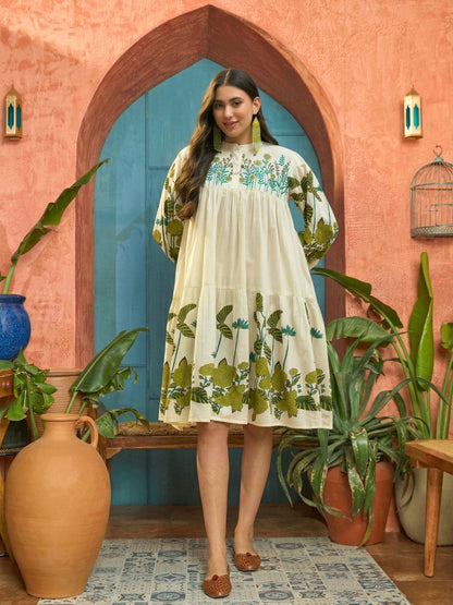 Solid Embroidered Rayon Tiered Dress