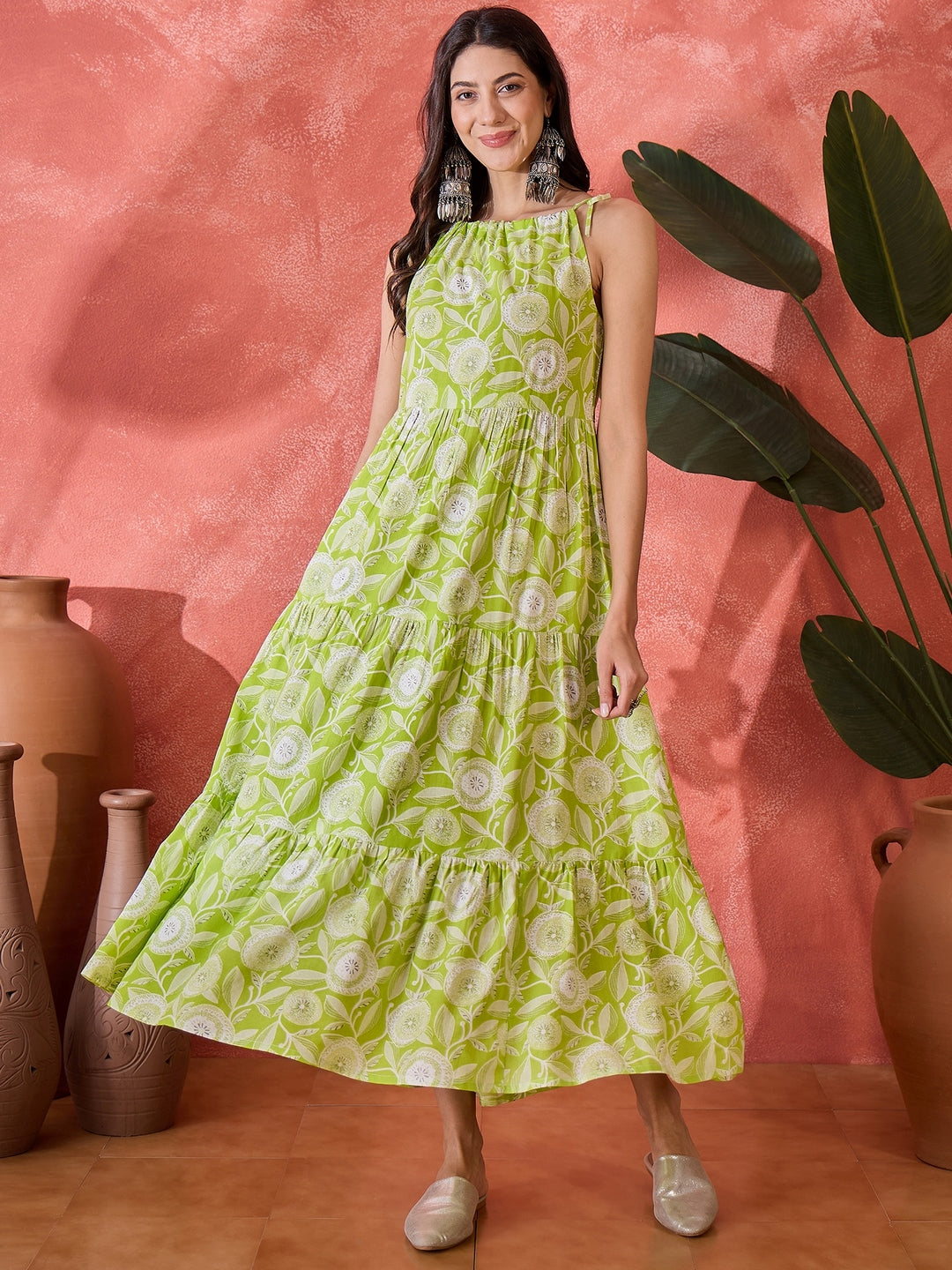 Green Floral Printed Rayon Strappy Tiered Dress (Pre-Order)