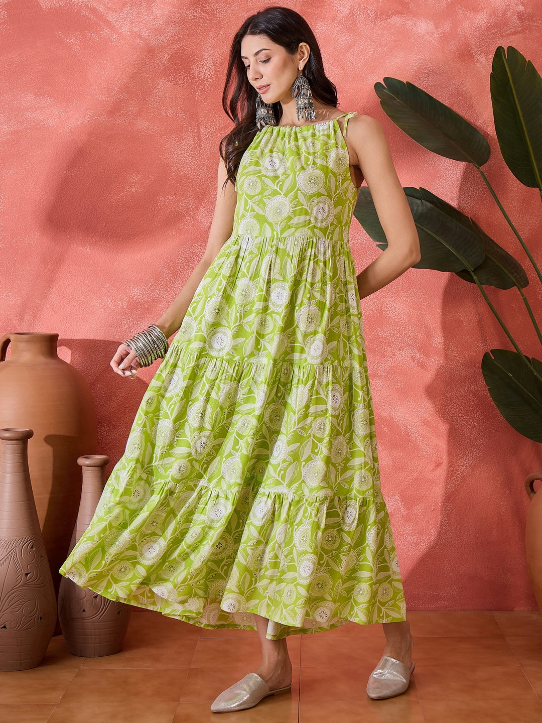Green Floral Printed Rayon Strappy Tiered Dress