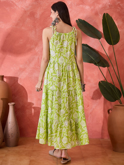 Green Floral Printed Rayon Strappy Tiered Dress (Pre-Order)
