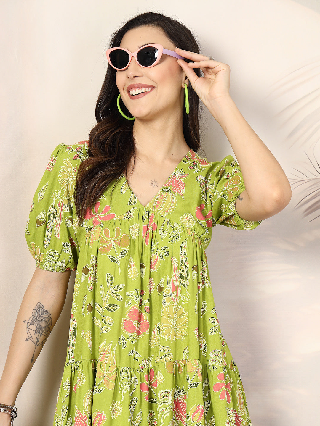 Green Tropical Printed Rayon Tiered Dress