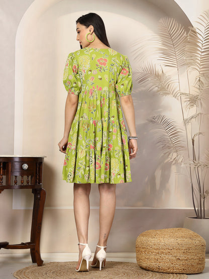 Green Tropical Printed Rayon Tiered Dress