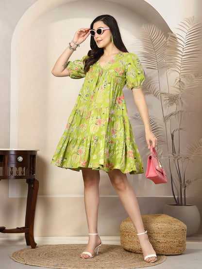 Green Tropical Printed Rayon Tiered Dress