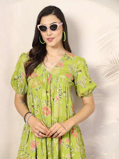 Green Tropical Printed Rayon Tiered Dress (Pre-Order)