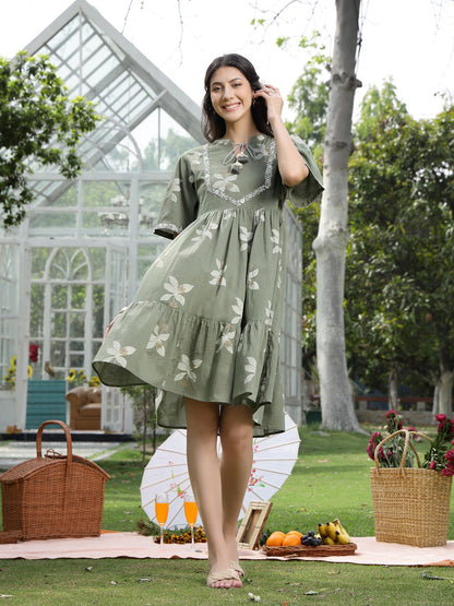Green Floral Printed & Embroidered Cotton Flared Dress (Pre-Order)