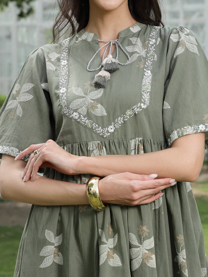 Green Floral Printed &amp; Embroidered Cotton Flared Dress