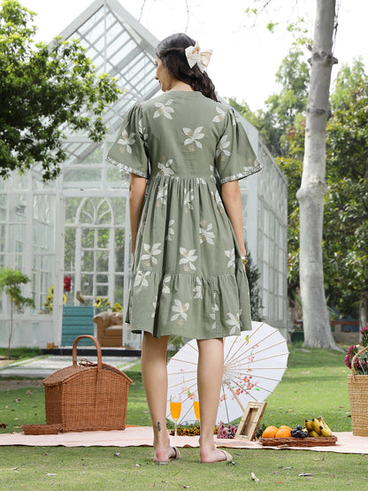 Green Floral Printed & Embroidered Cotton Flared Dress (Pre-Order)