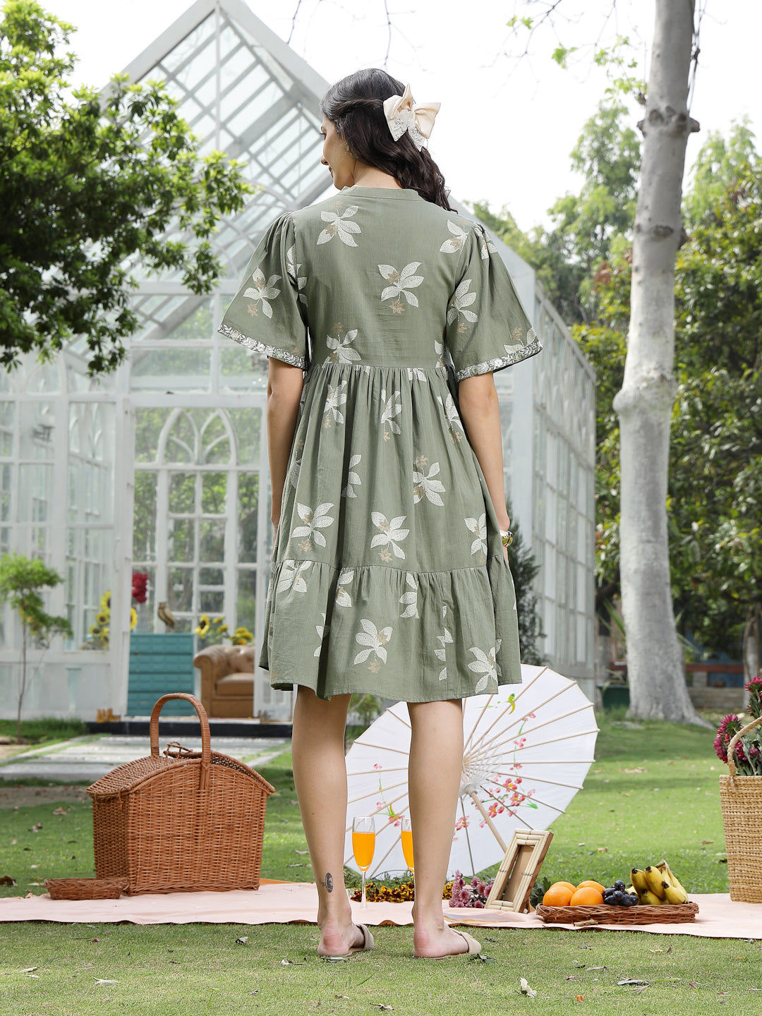 Green Floral Printed &amp; Embroidered Cotton Flared Dress