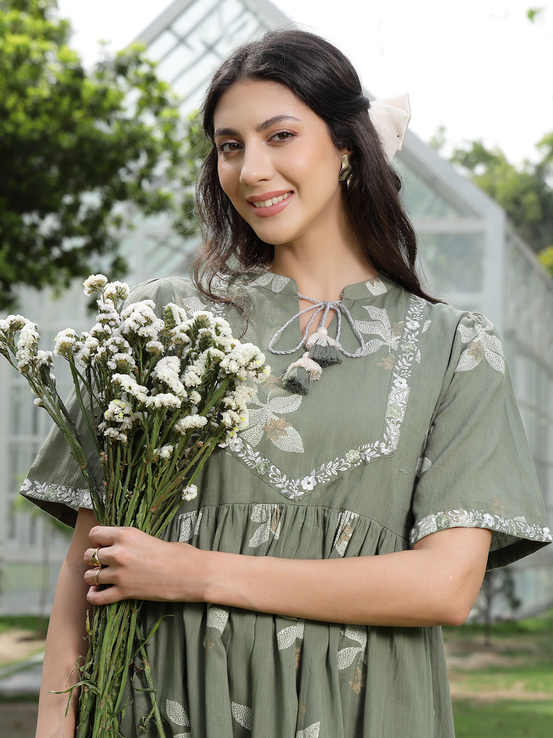 Green Floral Printed &amp; Embroidered Cotton Flared Dress