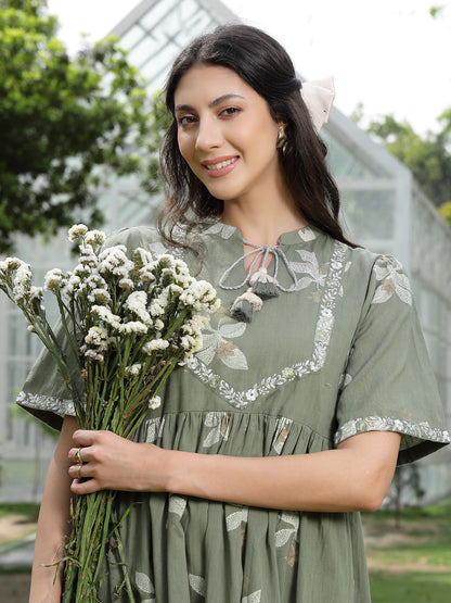 Green Floral Printed & Embroidered Cotton Flared Dress