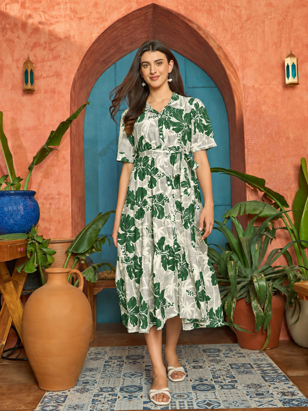 Floral Printed Cotton Flared Dress