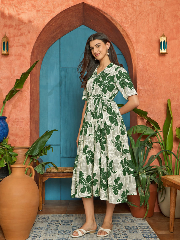 Floral Printed Cotton Flared Dress