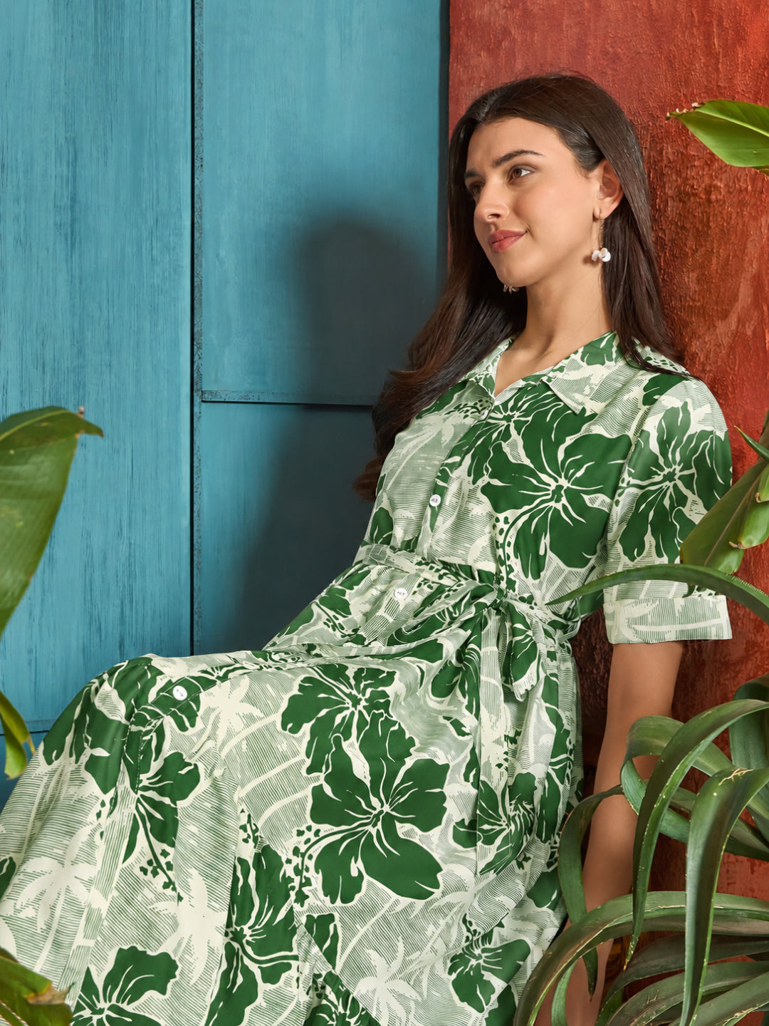 Floral Printed Cotton Flared Dress