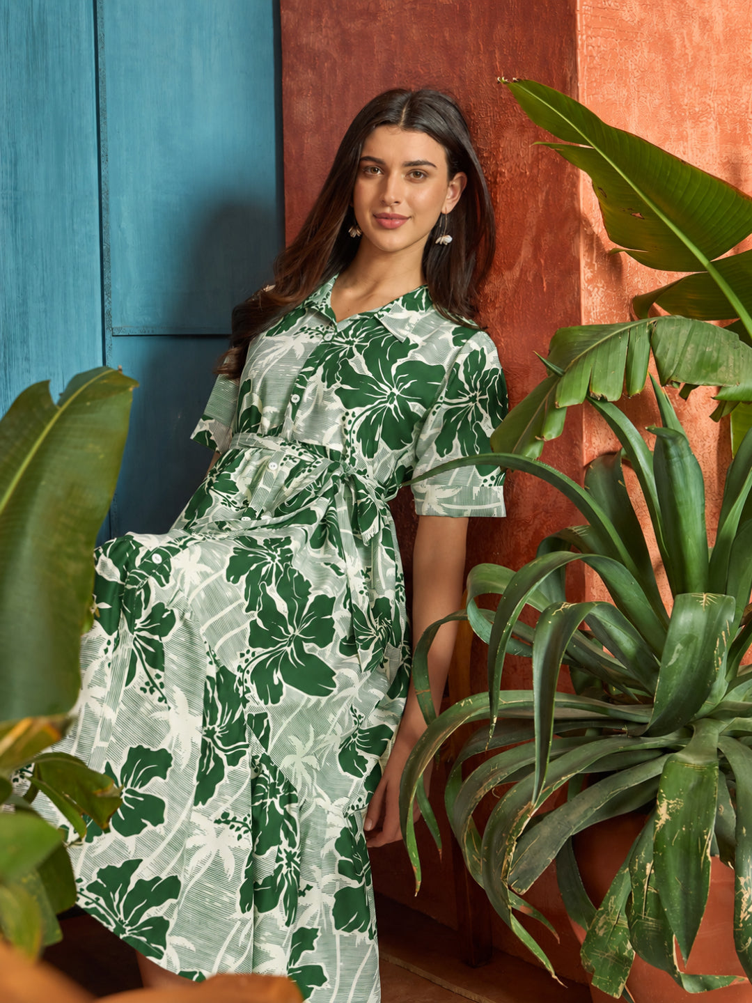 Floral Printed Cotton Flared Dress