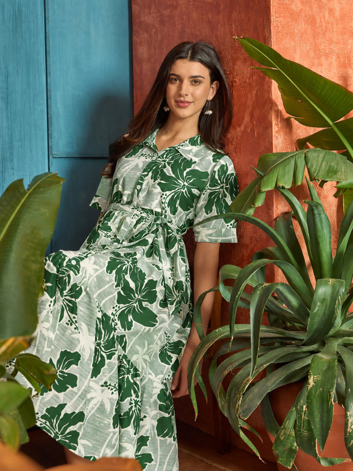 Floral Printed Cotton Flared Dress