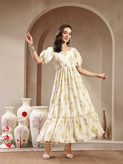 Green Floral Printed Rayon Tiered Dress